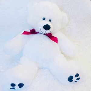 Super Soft Christmas Snowy White Holiday Bear Plush with Crimson Red Bow